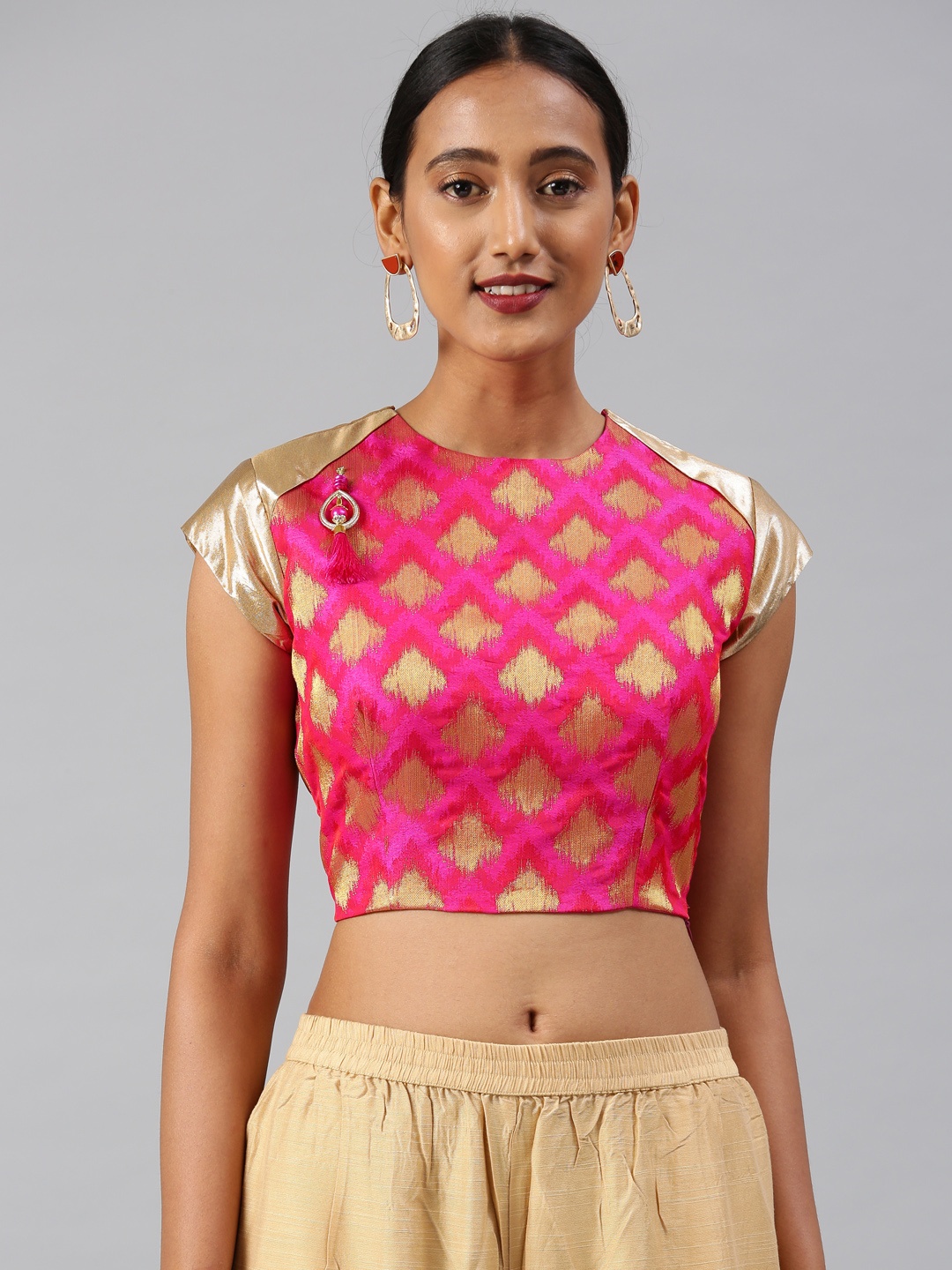 

Aarrah Women Pink & Gold Woven Printed Jacquard Saree Blouse