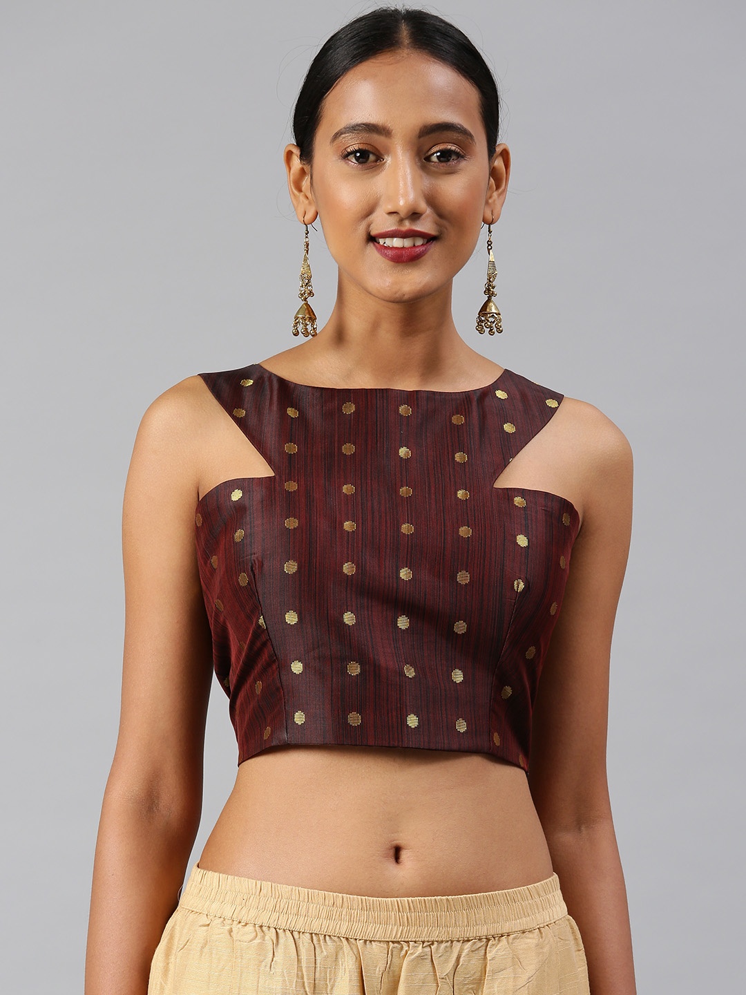 

Aarrah Women Burgundy Mullberry Butti Woven Saree Blouse