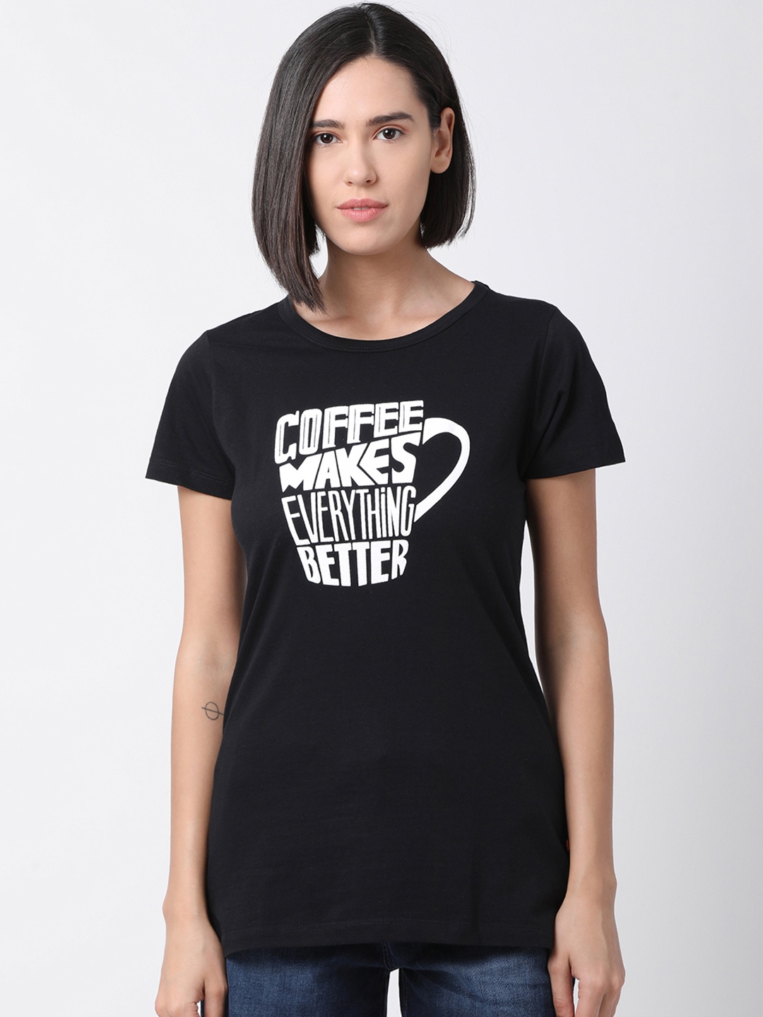 

GOLDSTROMS Women Black Printed Round Neck Cotton T-shirt