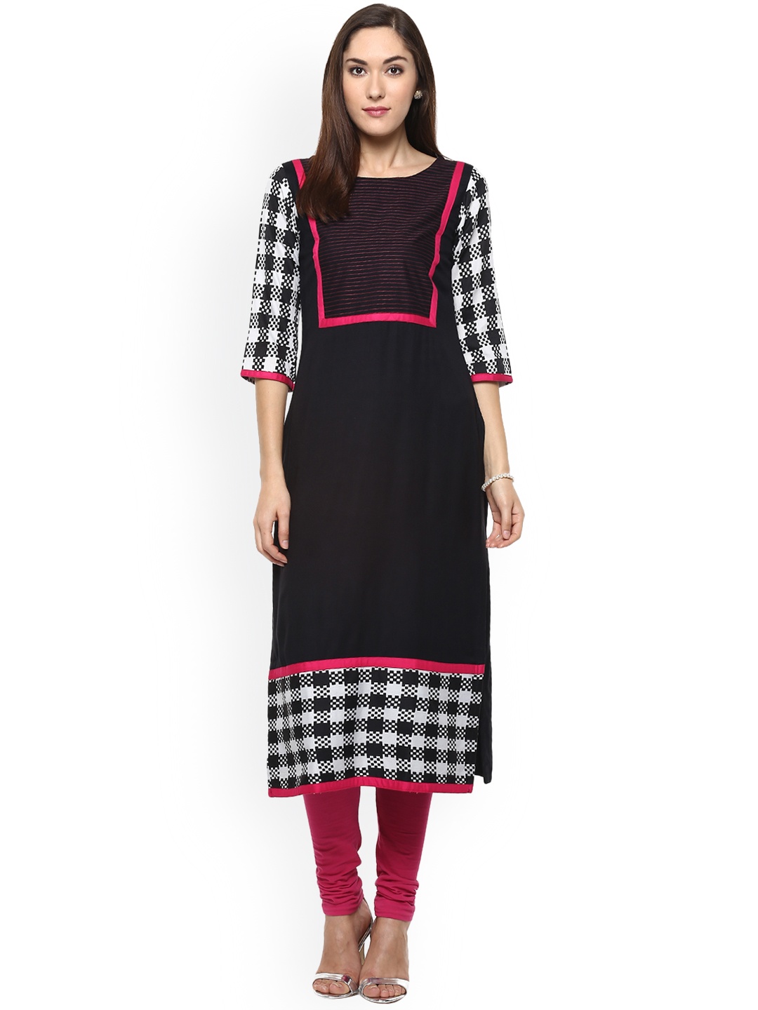 

MBE Women Black & White Printed Straight Kurta