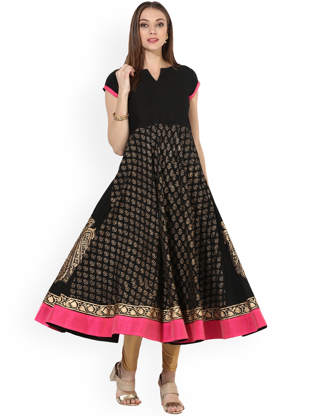 

MBE Women Black & Beige Block Printed Anarkali Kurta