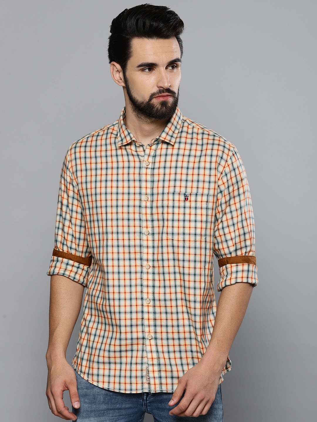

Louis Philippe Jeans Men Beige & Green Slim Fit Checked Formal Shirt
