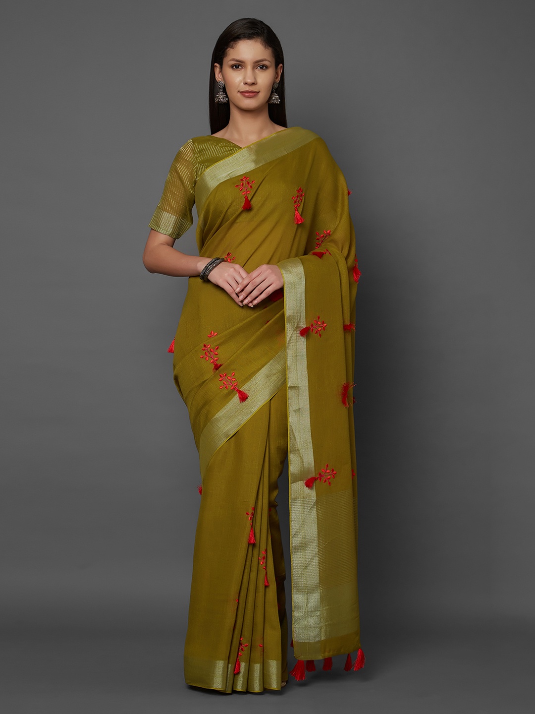 

Mitera Olive Green Embroidered Linen Blend Saree