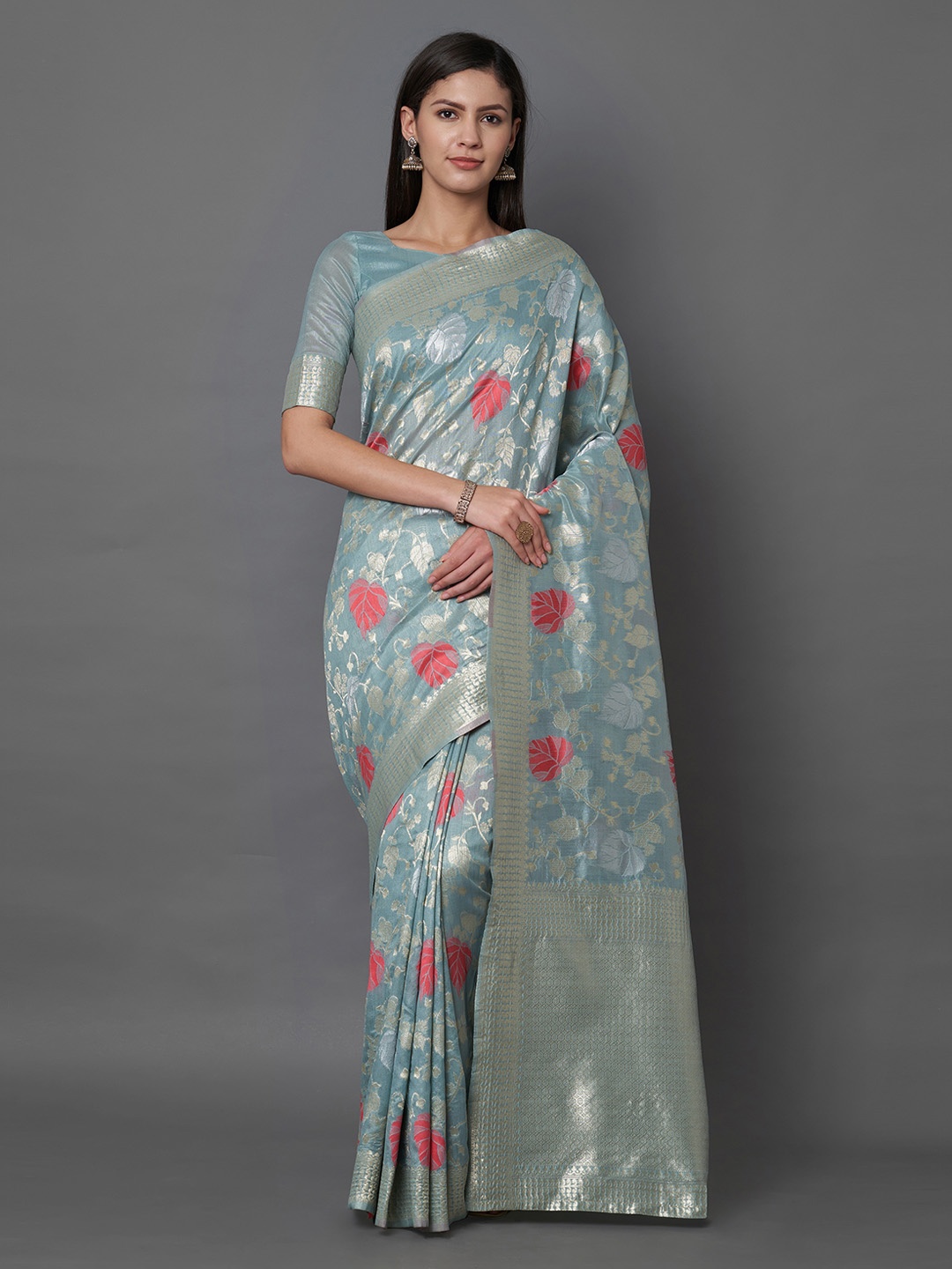 

Mitera Blue & Grey Silk Blend Woven Design Banarasi Saree