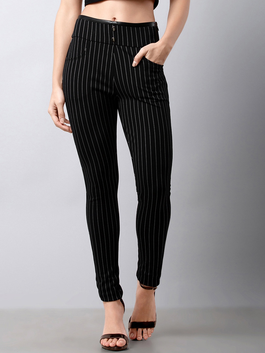 

FabAlley Women Black Striped Ankle-Length Leggings