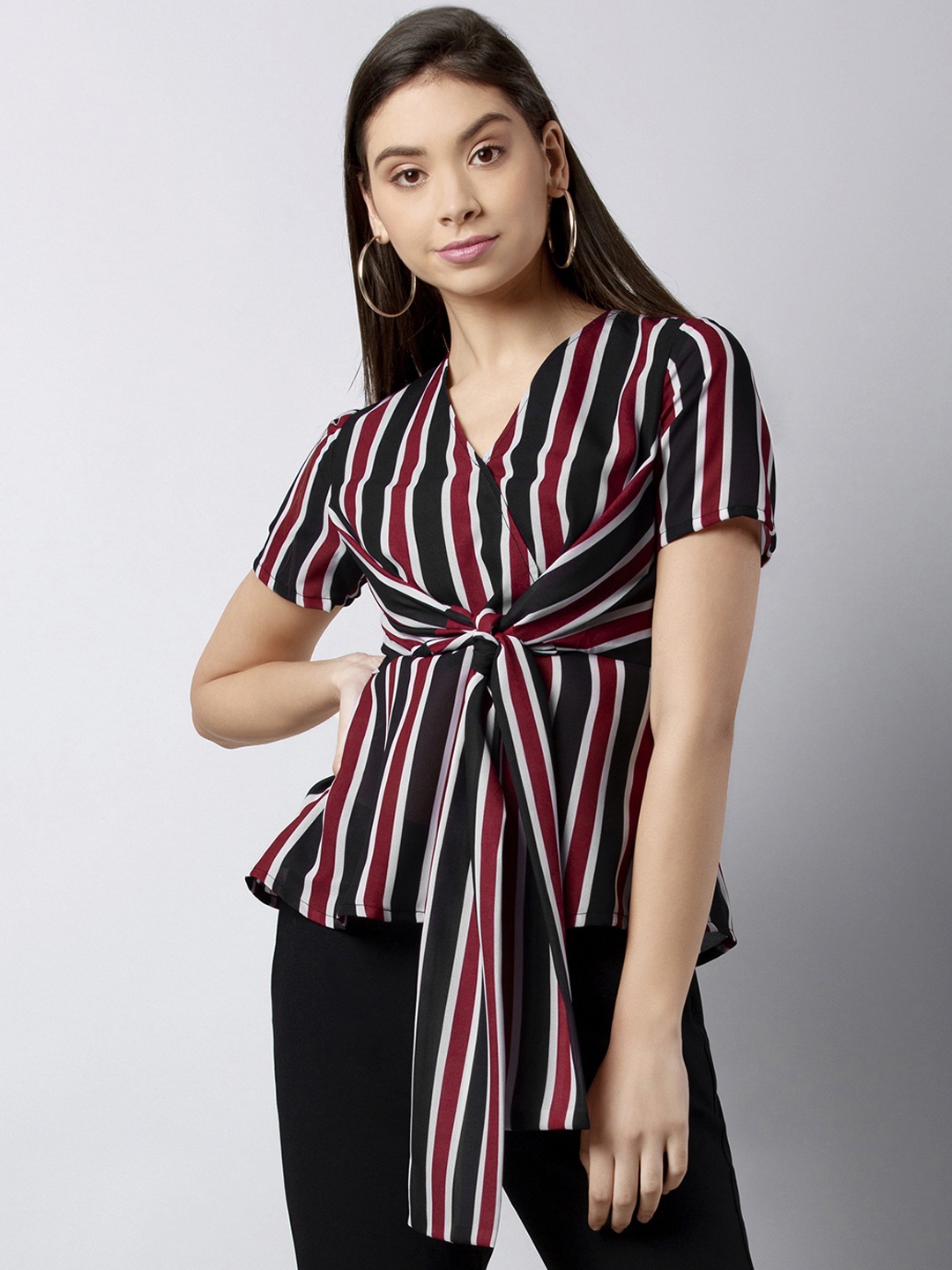 

FabAlley Women Black Striped Cinched Waist Top