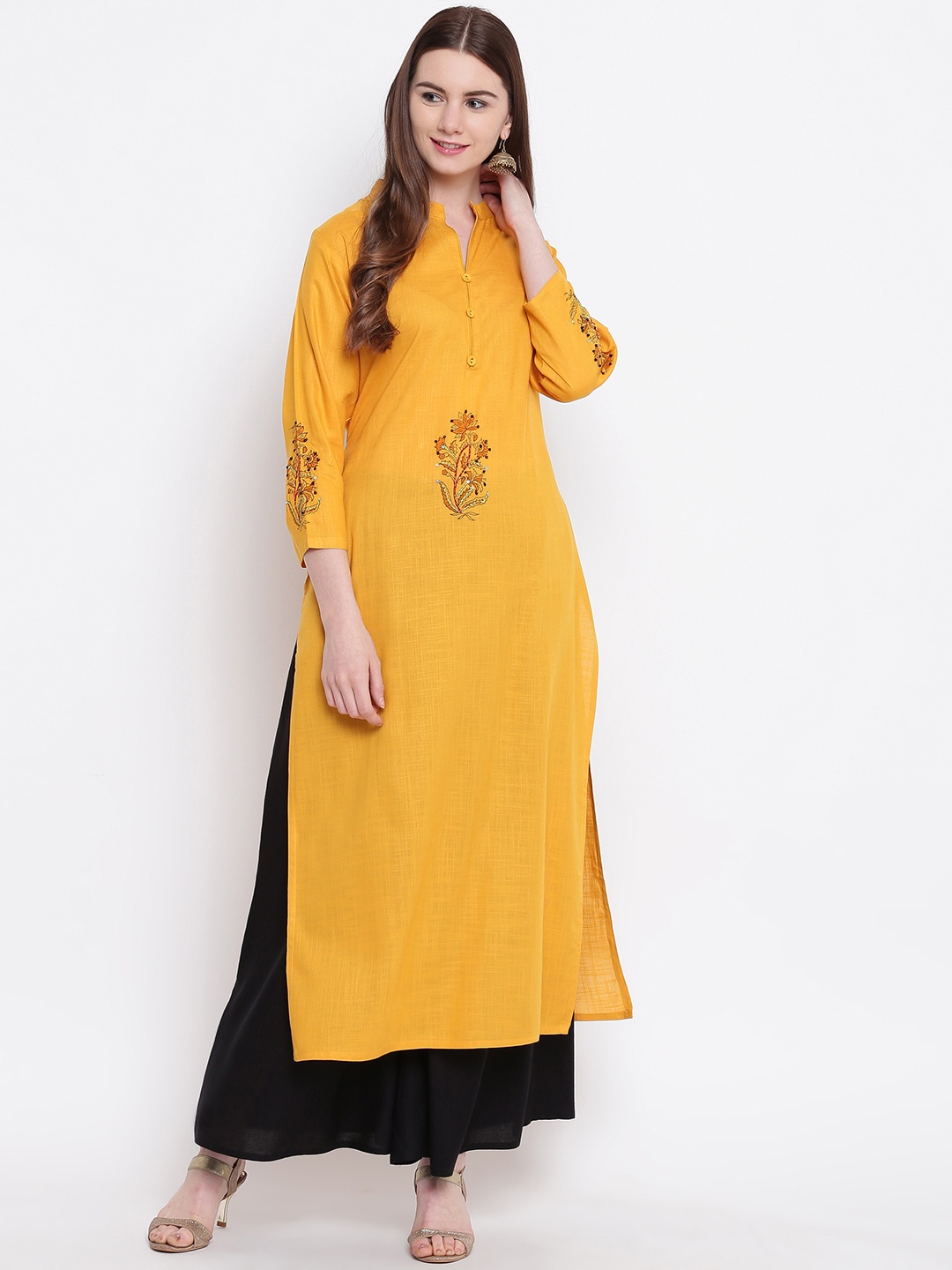 

Kvsfab Women Mustard & Black Printed Kurta with Palazzos