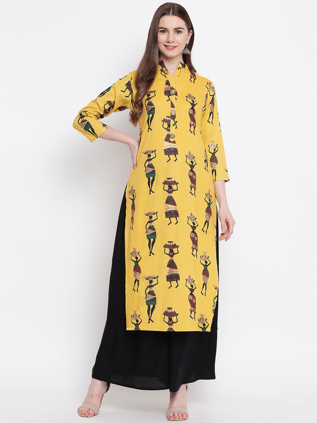 

Kvsfab Women Yellow & Black Printed Kurta with Palazzos