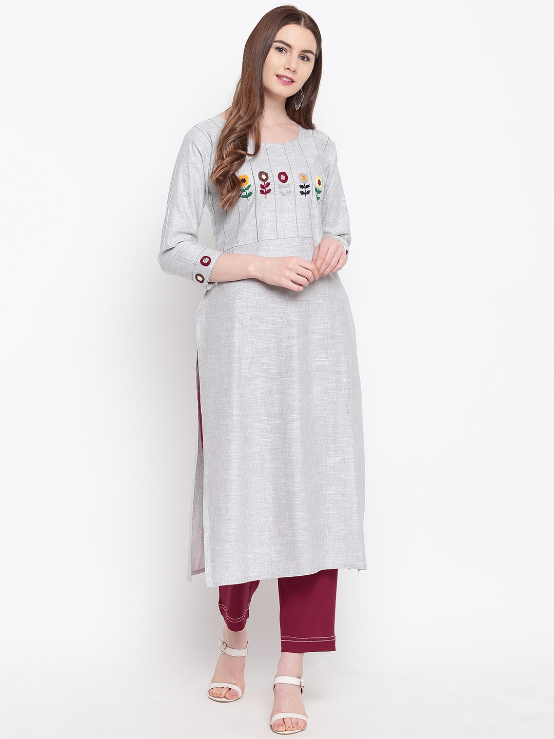

Kvsfab Women Grey & Maroon Embroidered Kurta with Palazzos