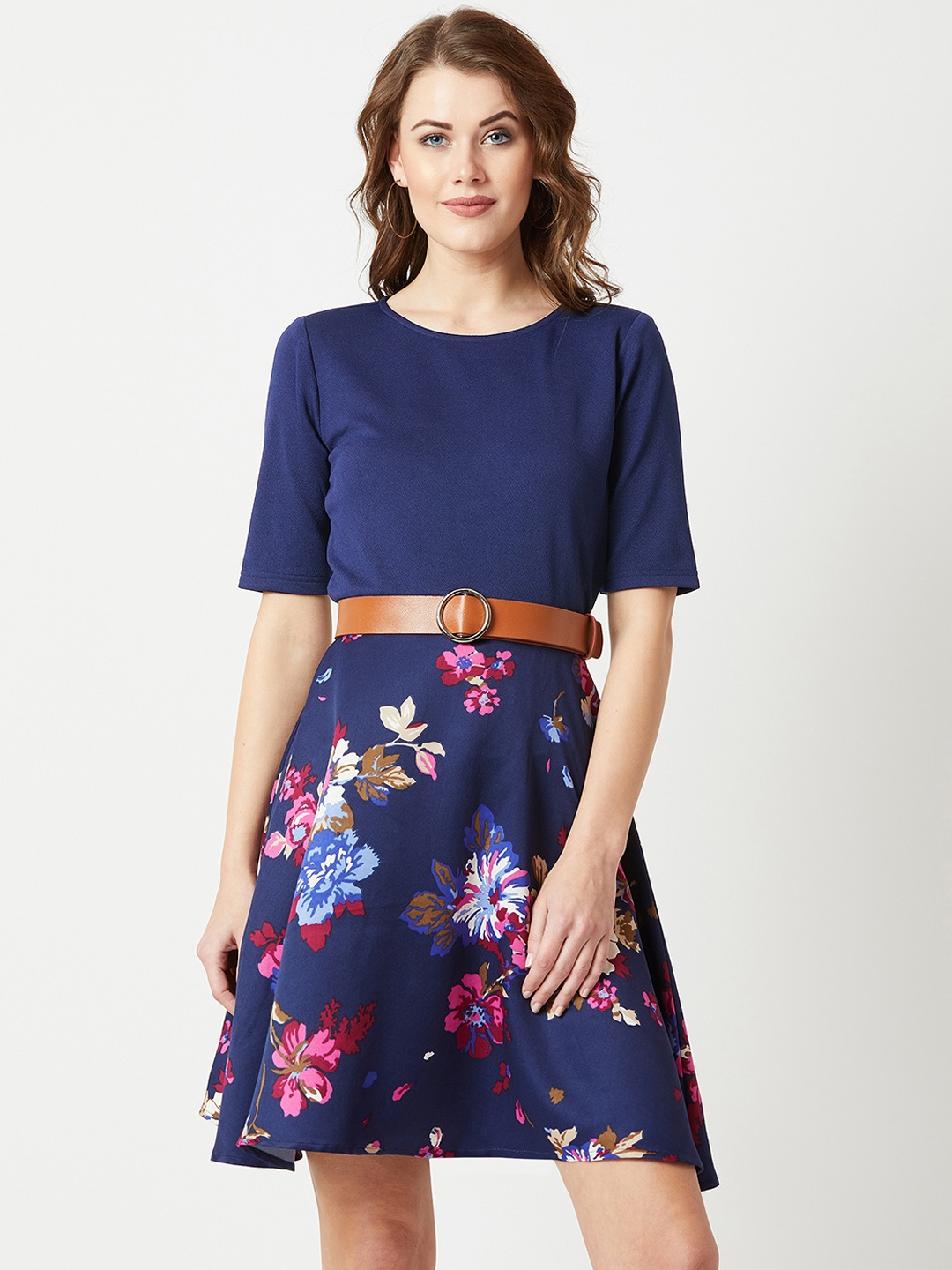 

Miss Chase Women Navy Blue Printed Fit and Flare Dress