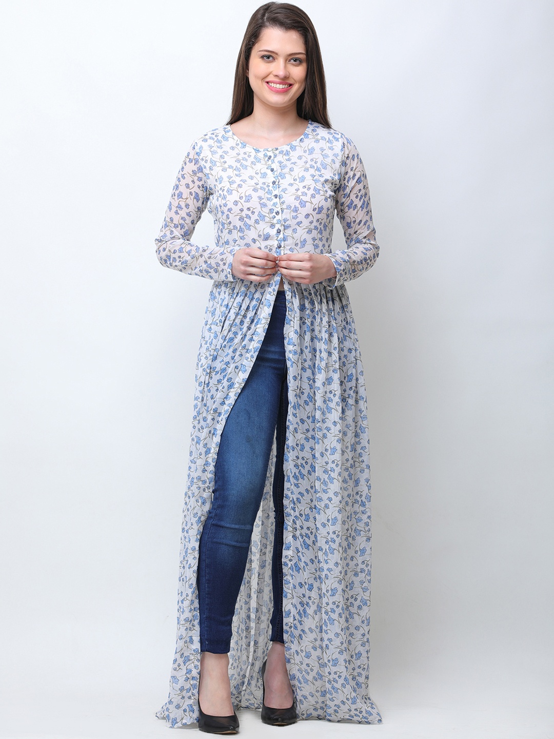 

Cation Women White Floral Print Maxi High-Slit Top