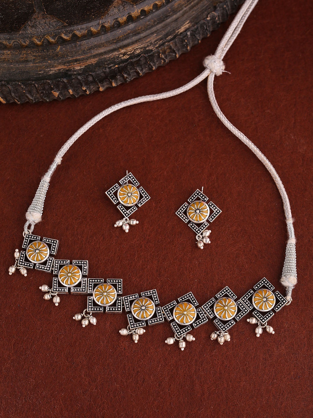 

Voylla Women Oxidised Silver-Plated & Yellow Enamelled Jewellery Set