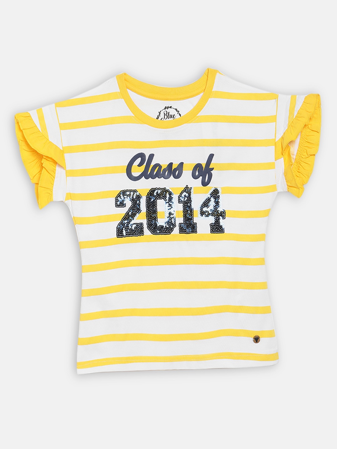 

Blue Giraffe Girls Yellow Striped Round Neck T-shirt