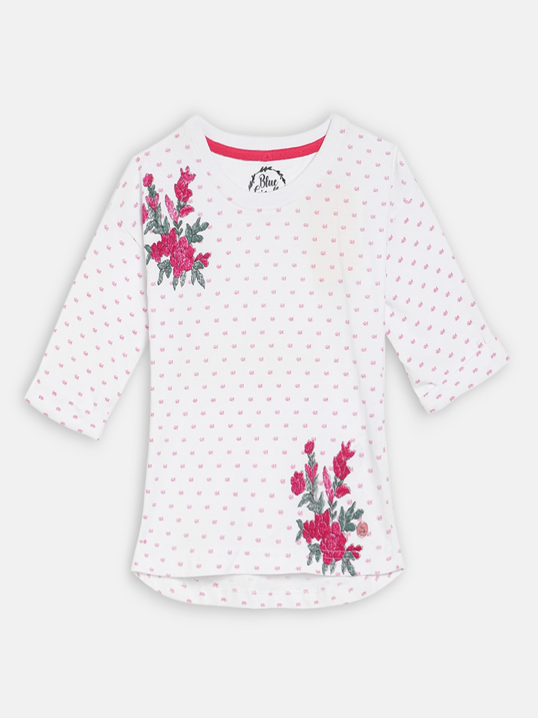 

Blue Giraffe Girls White Printed Round Neck T-shirt