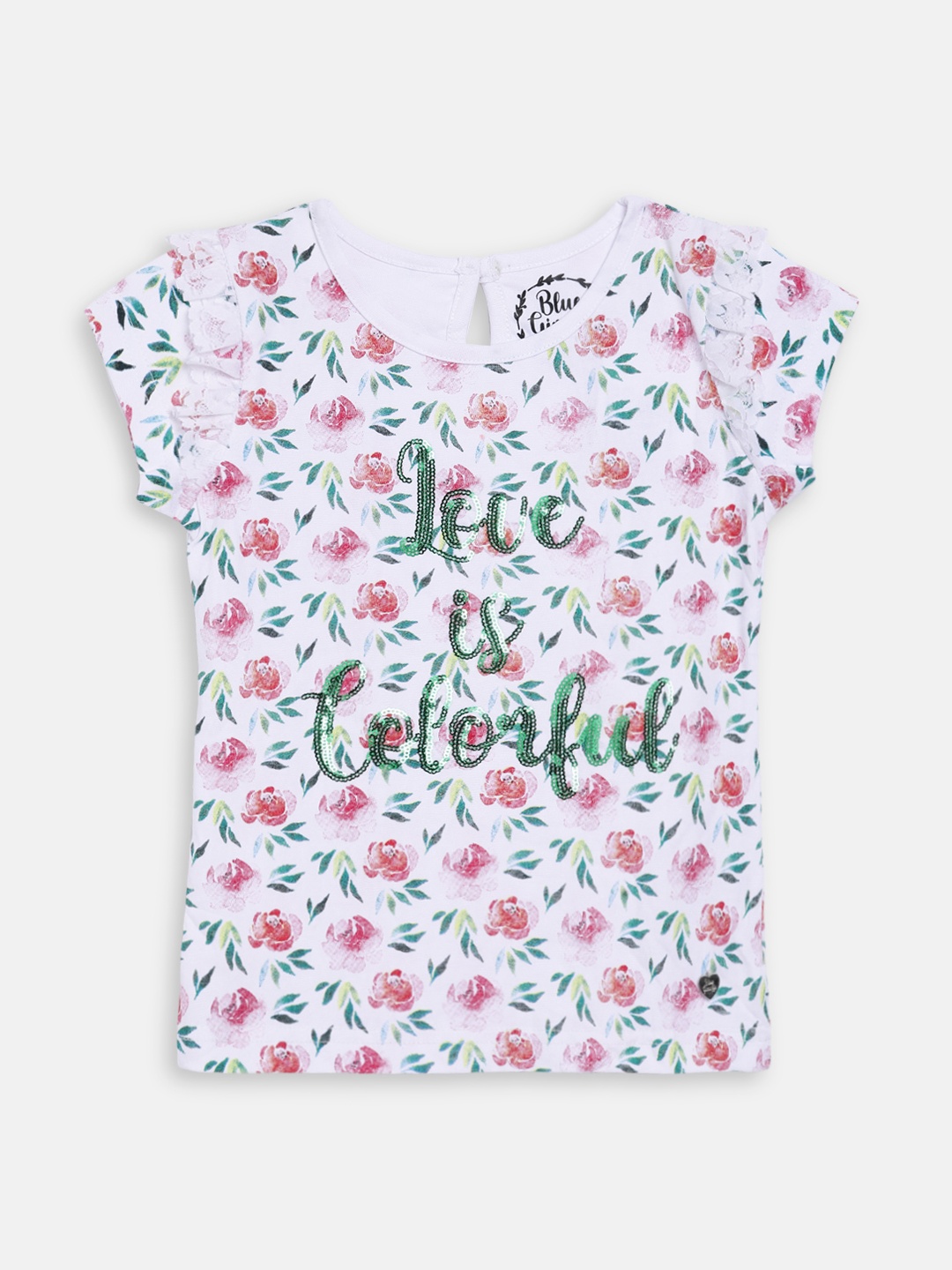 

Blue Giraffe Girls White Printed Round Neck T-shirt