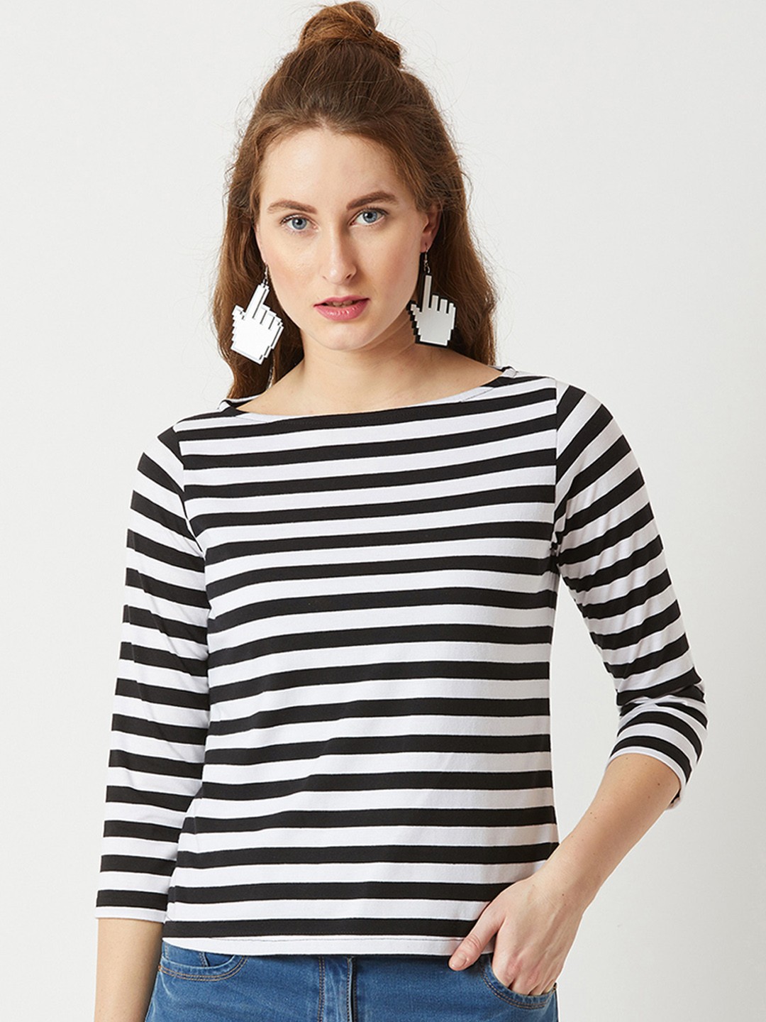 

Miss Chase Women Black Striped Pure Cotton Top