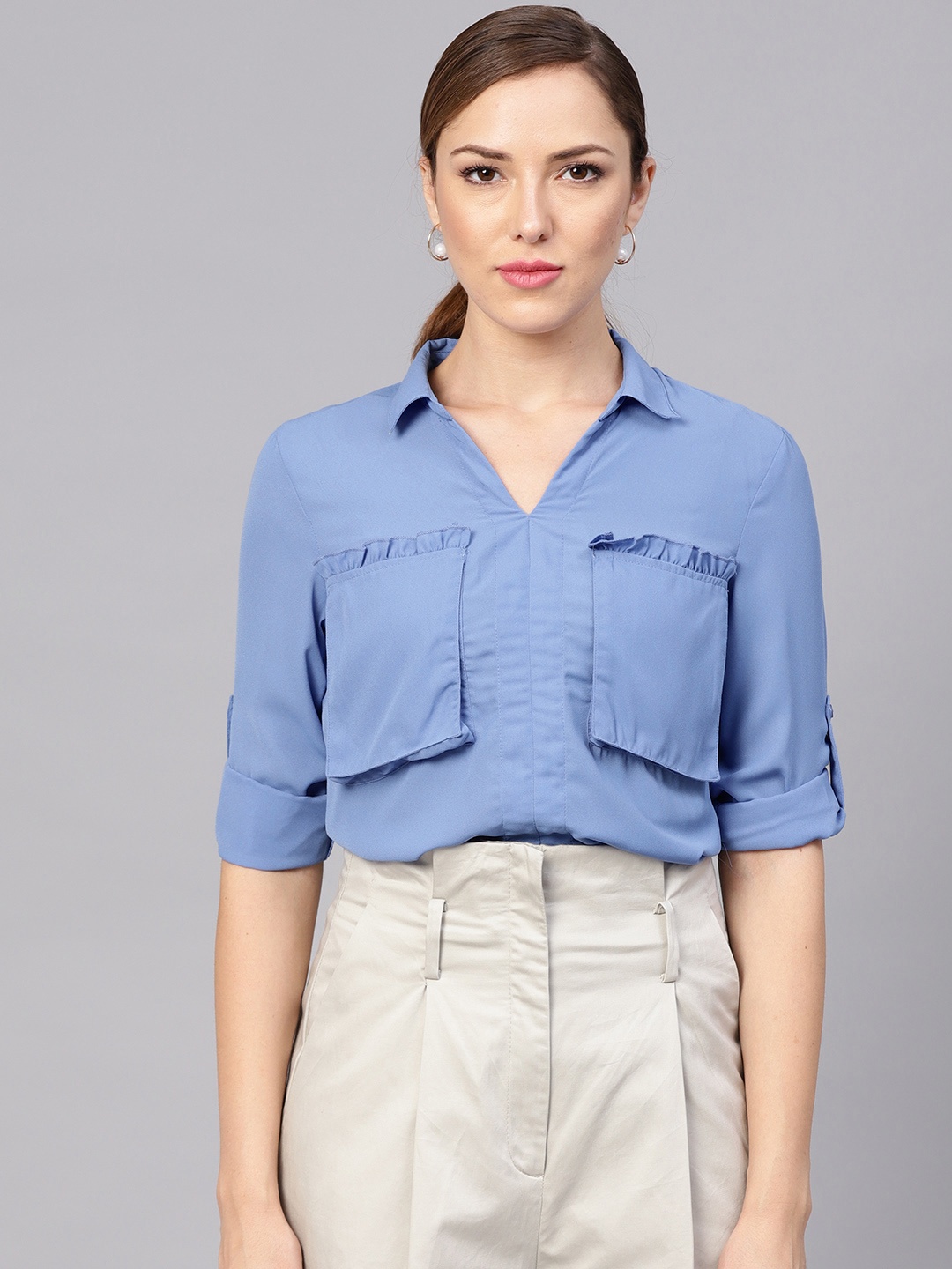

STREET 9 Women Blue Regular Fit Solid Casual Shirt