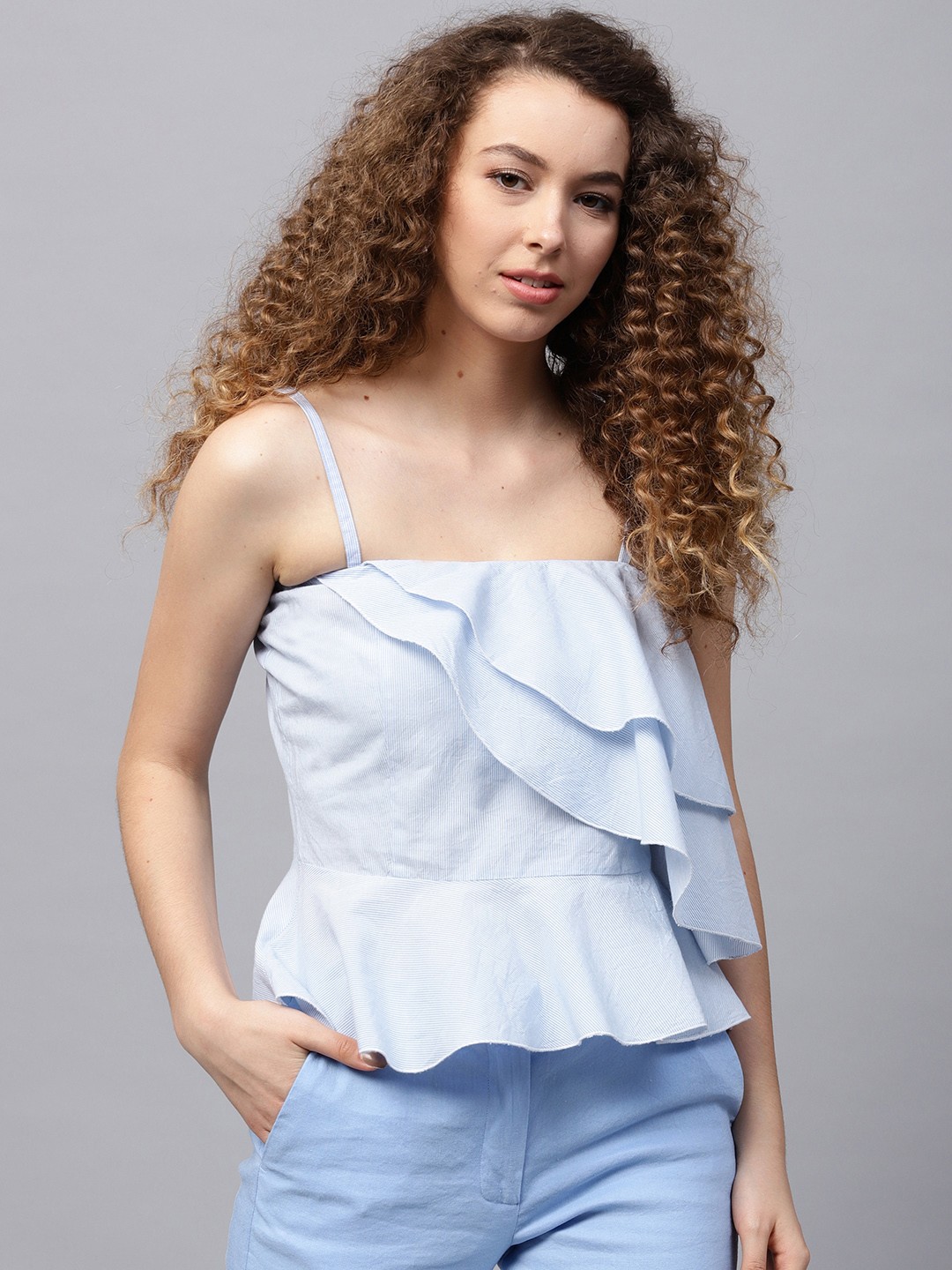 

STREET 9 Women Blue Striped Peplum Top