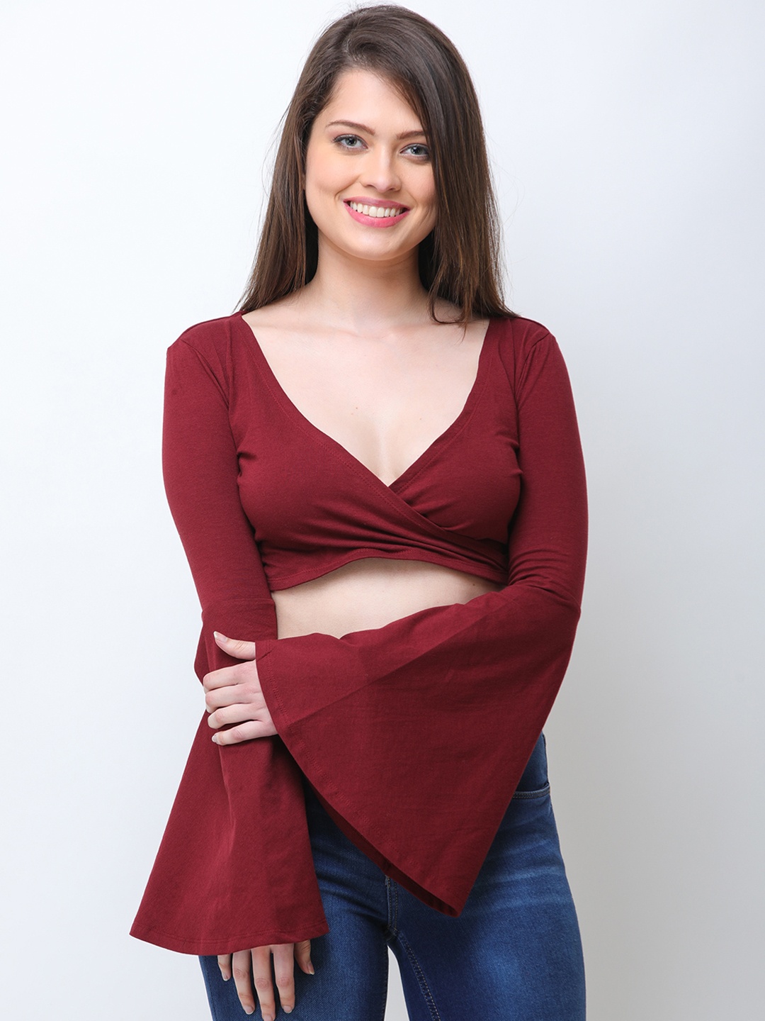 

Cation Women Maroon Solid Wrap Pure Cotton Top