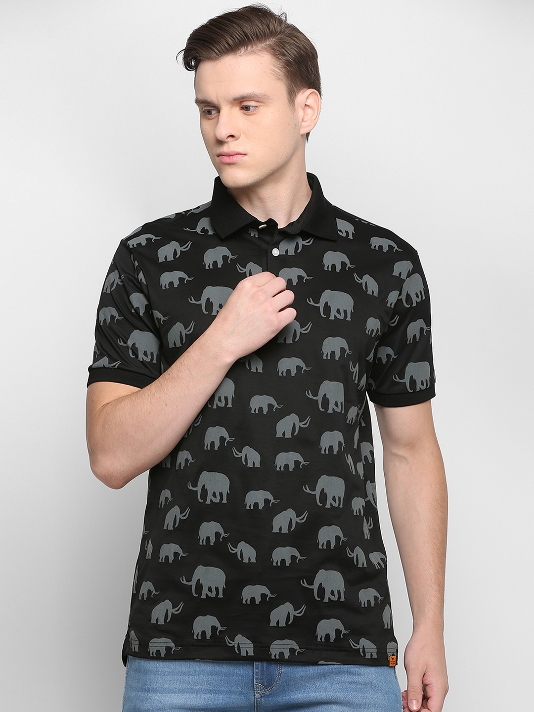

SIMON CARTER LONDON Men Black Printed Polo Collar Pure Cotton T-shirt