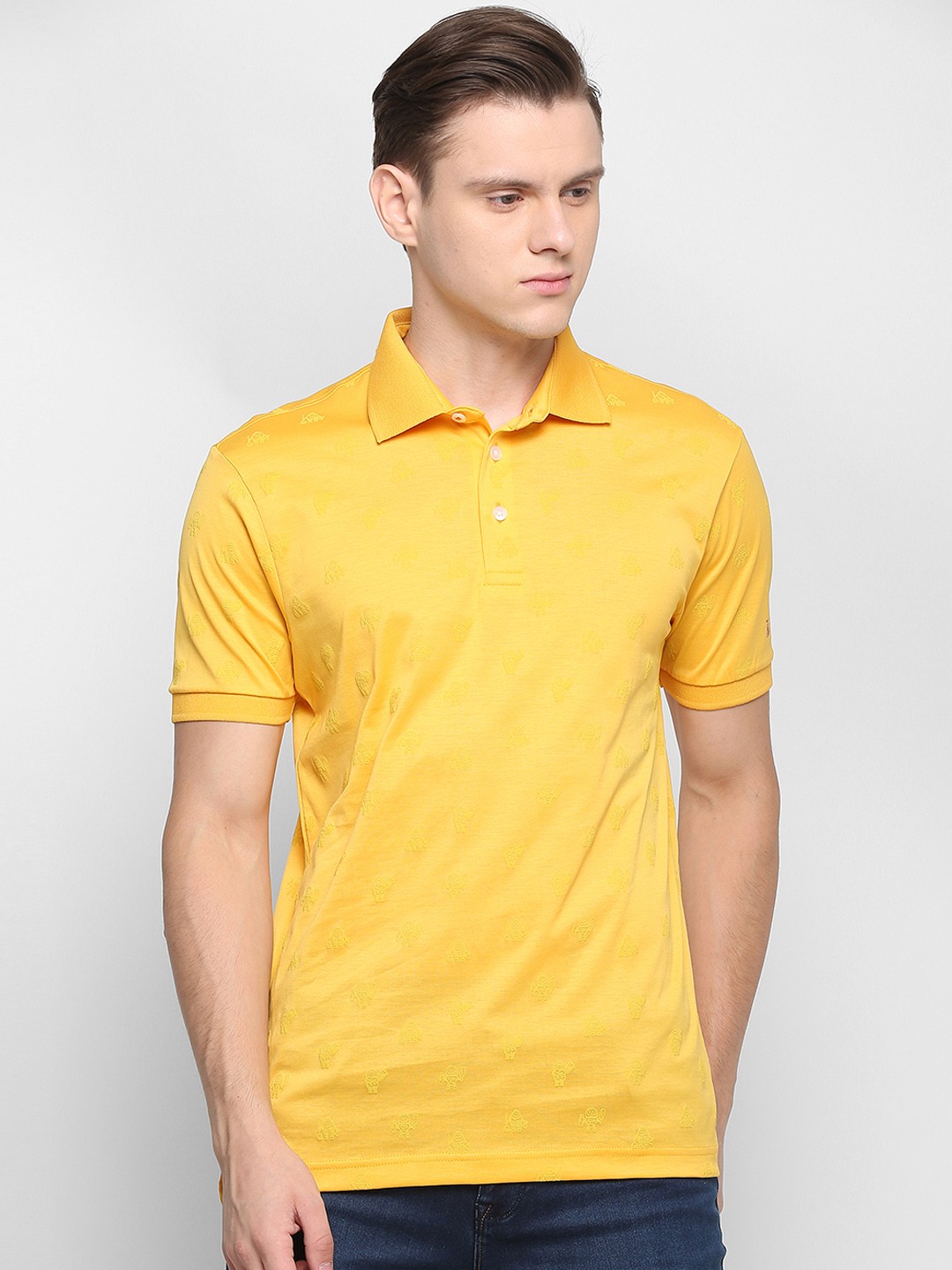 

SIMON CARTER LONDON Men Yellow Self Design Polo Collar Pure Cotton T-shirt