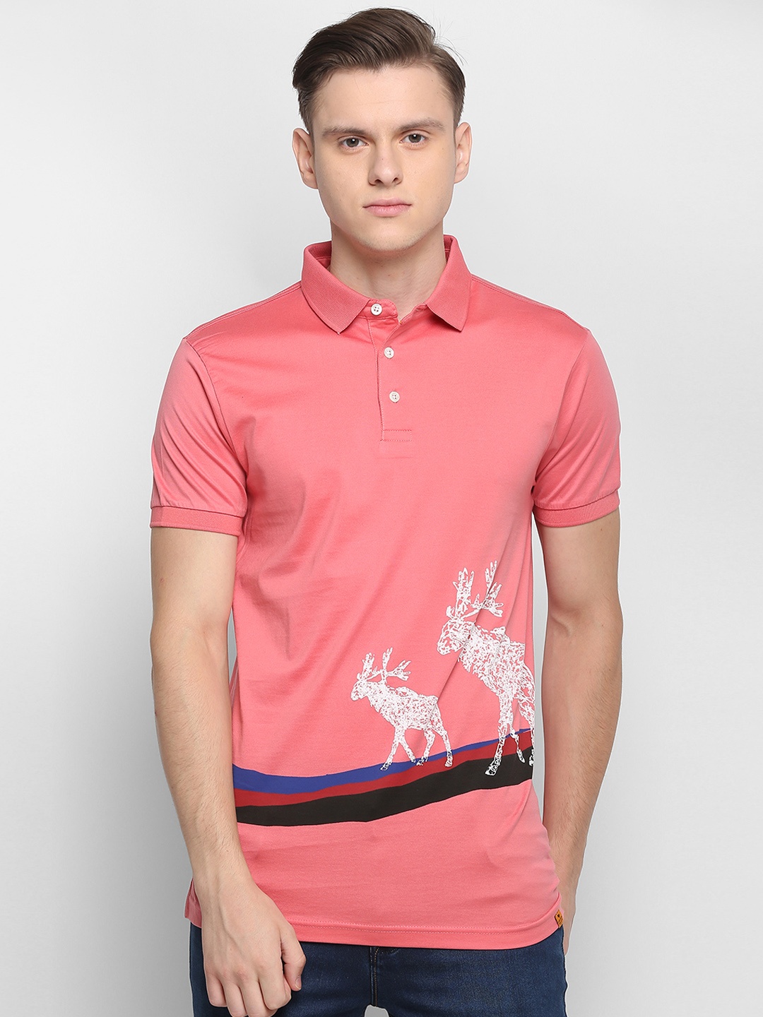 

SIMON CARTER LONDON Men Pink Printed Polo Collar Pure Cotton T-shirt