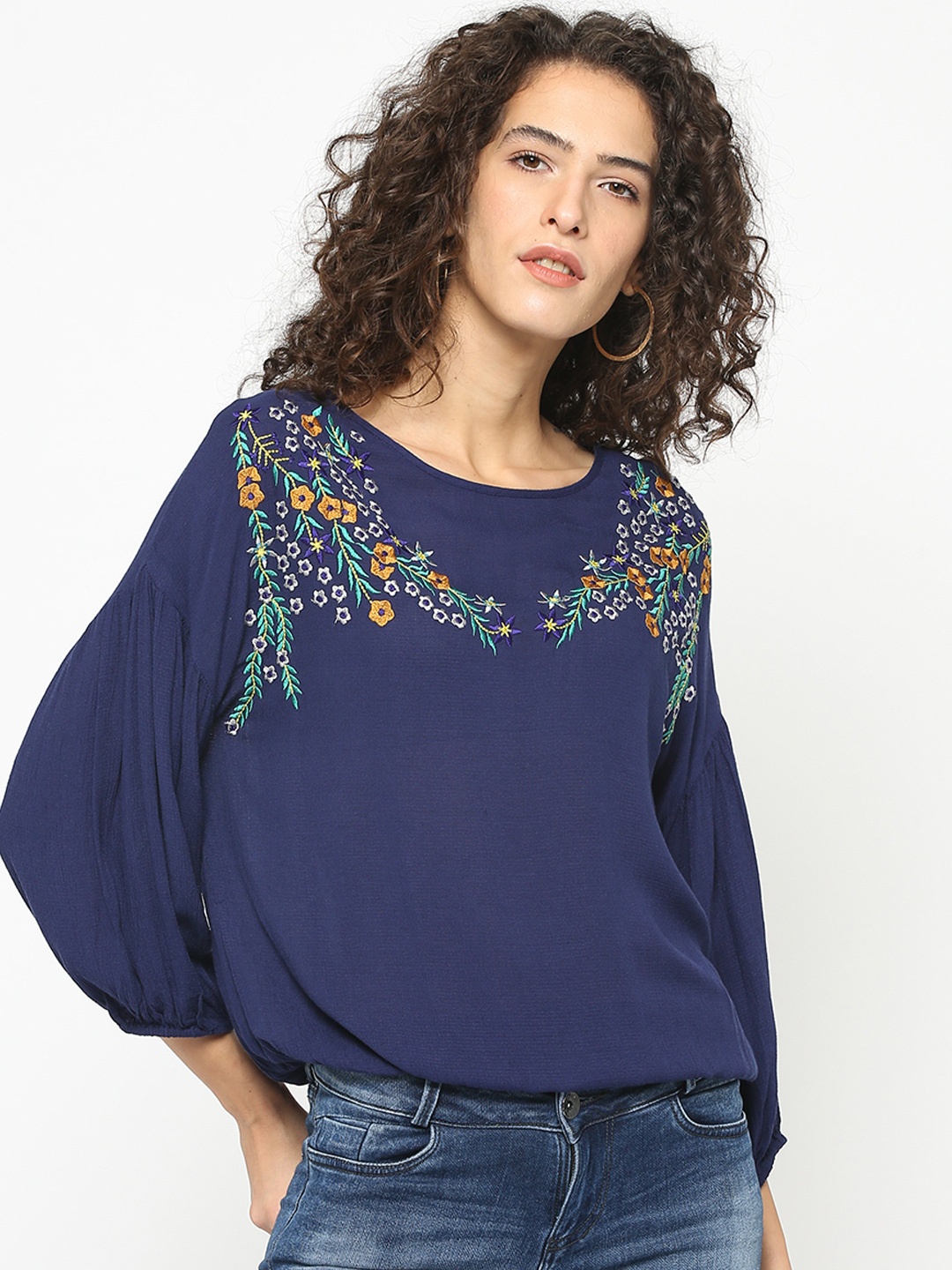 

Gipsy Women Navy Blue Printed Blouson Top