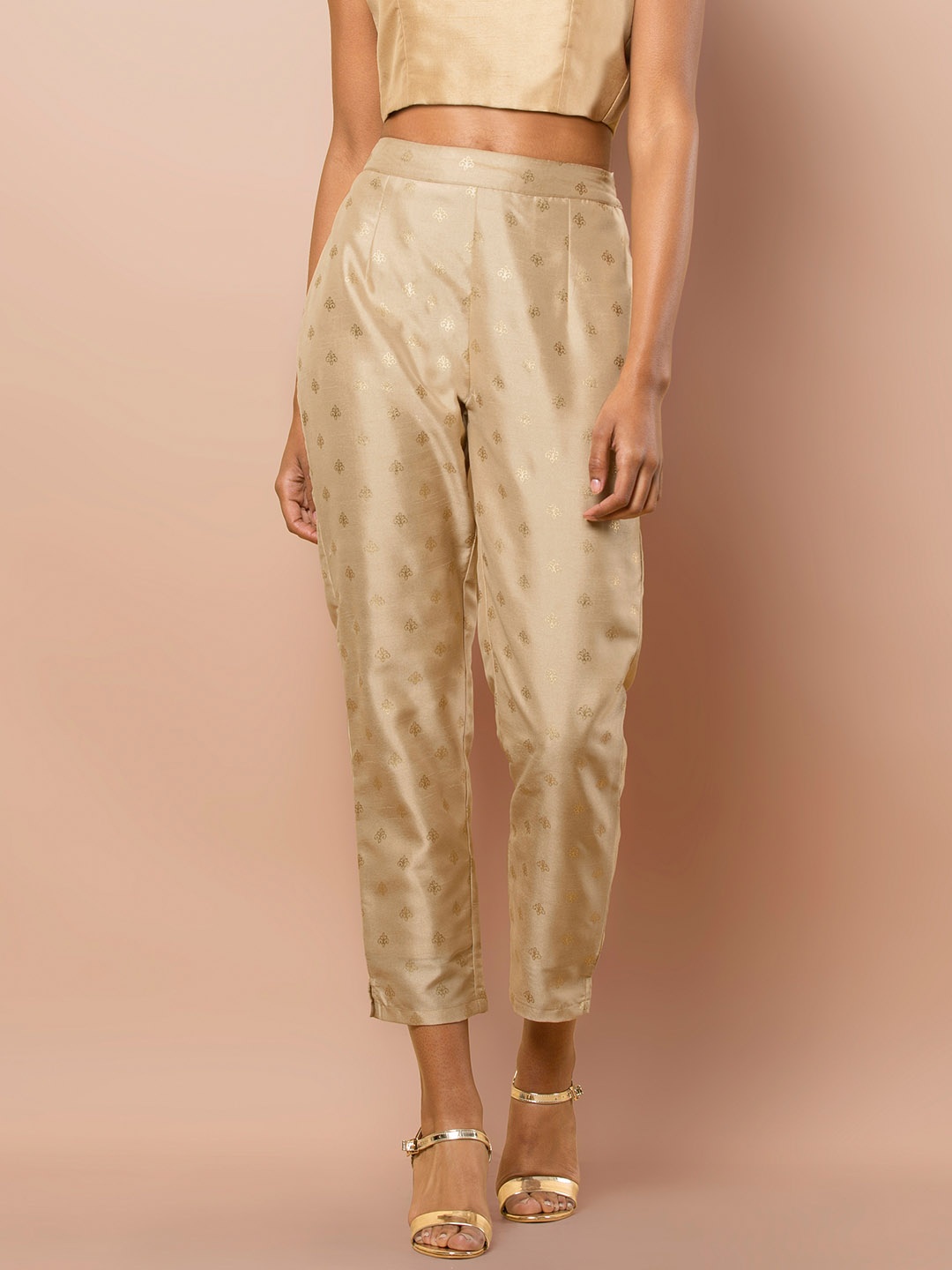 

INDYA Women Nude-Coloured Slim Fit Printed Peg Trousers