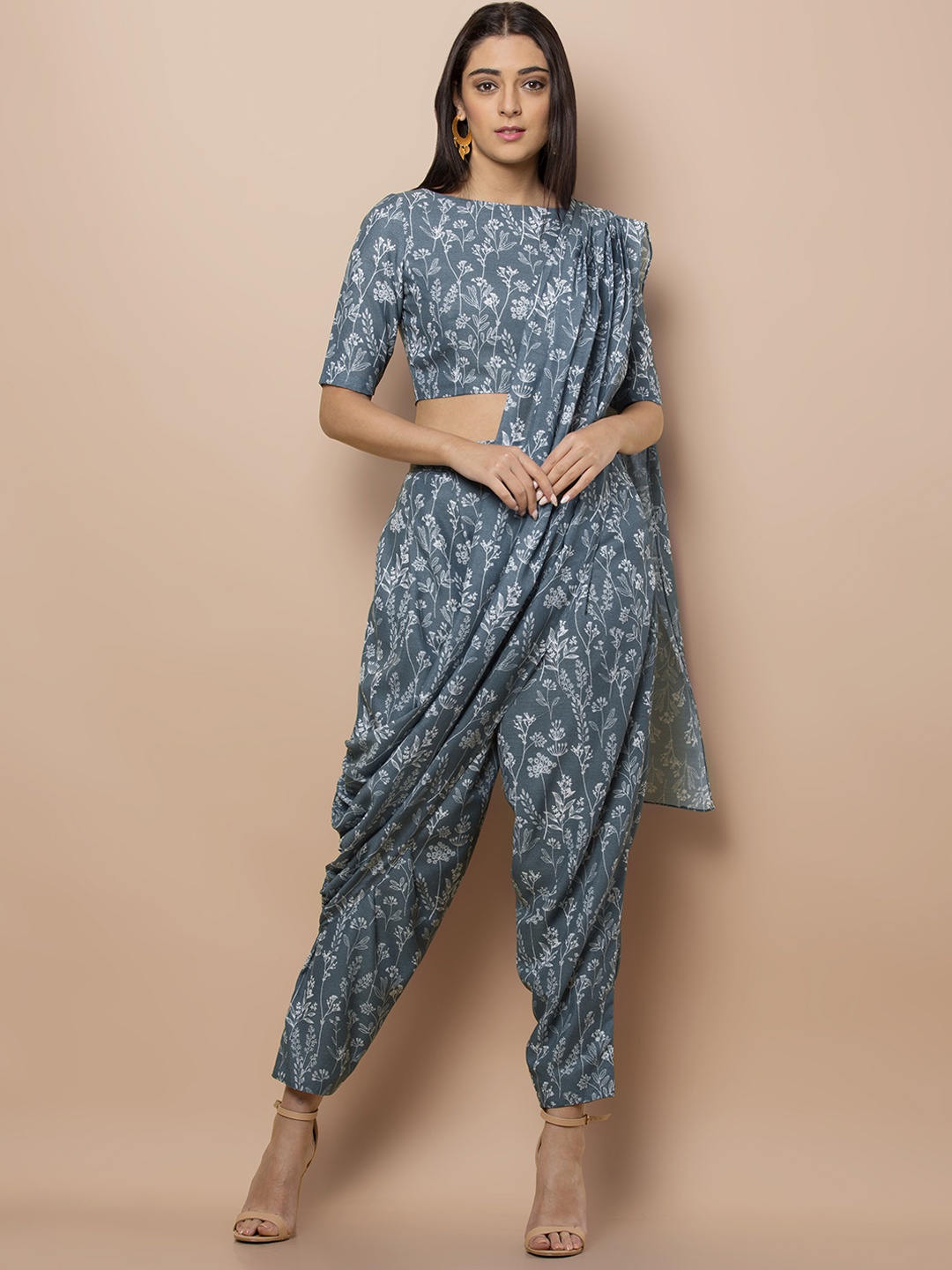 

INDYA Women Blue Loose Fit Printed Dhoti with Attached Dupatta