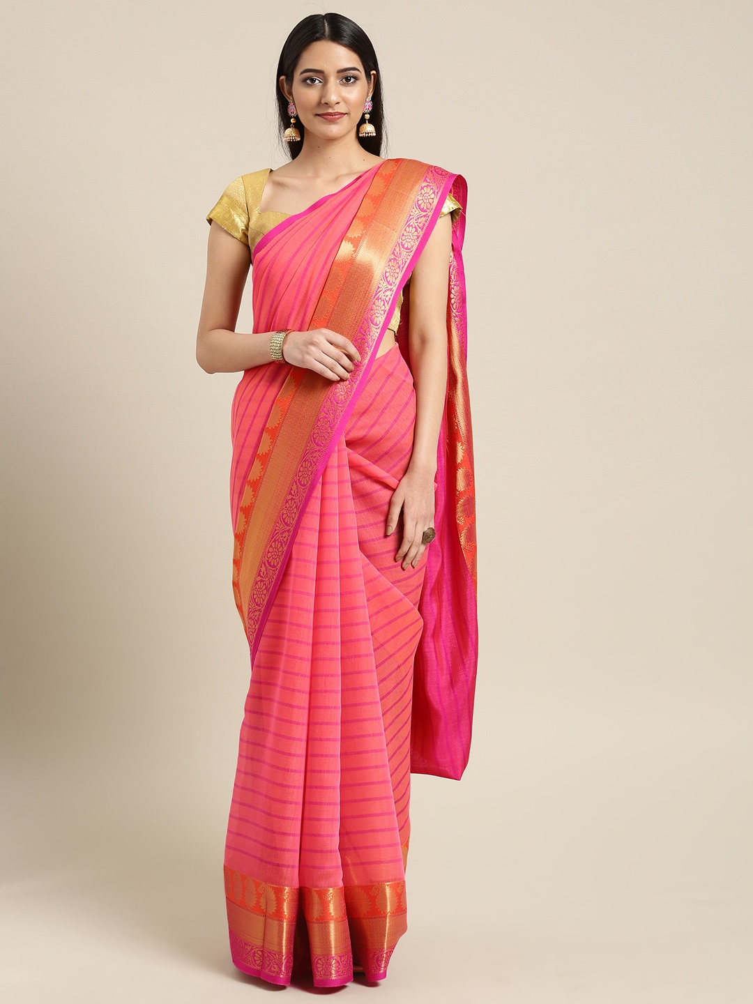 

Ishin Peach-Coloured Polycotton Woven Design Chanderi Saree