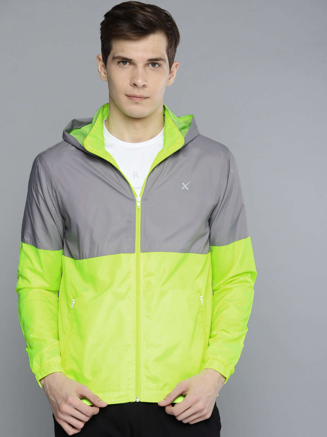 

HRX by Hrithik Roshan Men Grey & Fluorescent Green Running Hooded Colourblocked Jacket