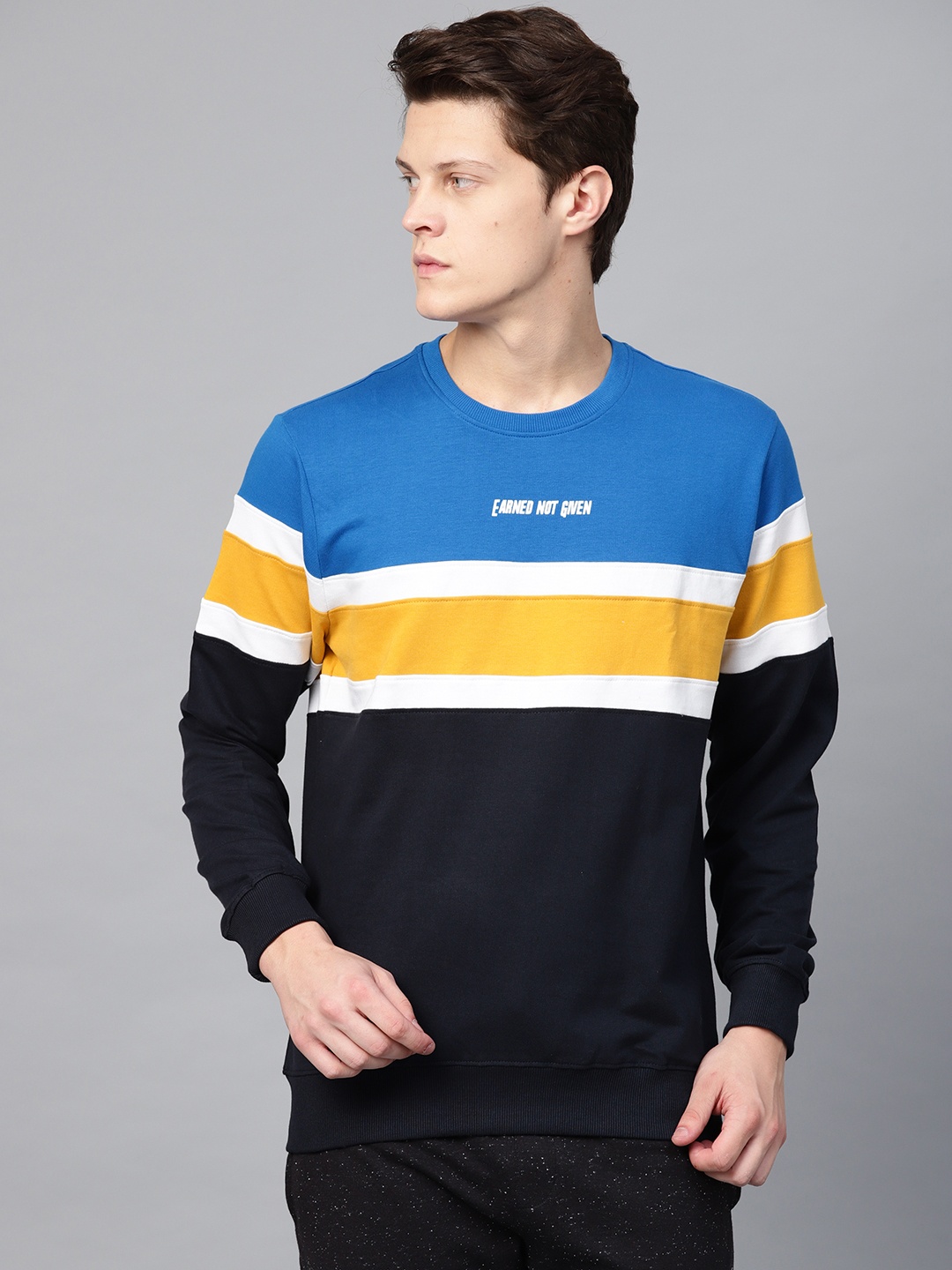 

HRX by Hrithik Roshan Men Navy & Mustard Yellow Colourblocked Sweatshirt, Navy blue
