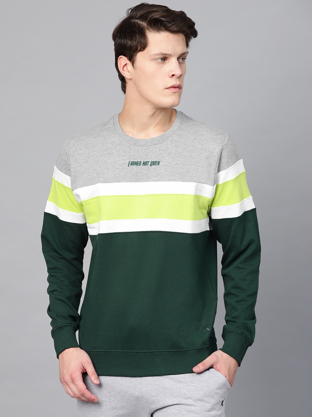 

HRX by Hrithik Roshan Men Green & Grey Melange Colourblocked Sweatshirt