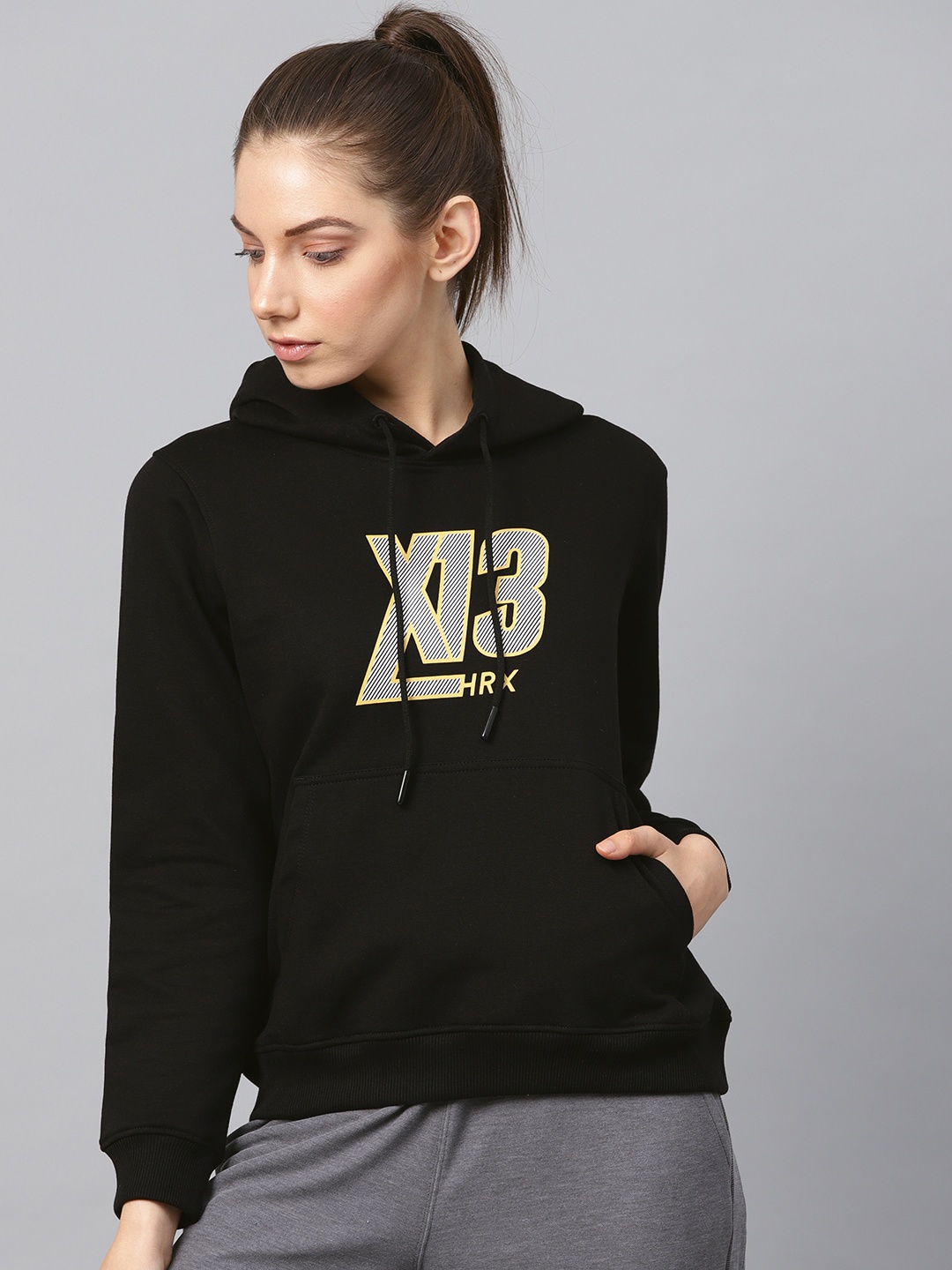 

HRX by Hrithik Roshan Women Black Lifestyle Printed Hooded Sweatshirt