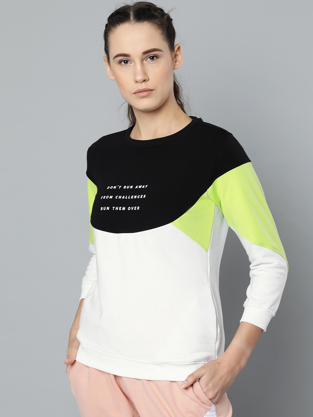 

HRX by Hrithik Roshan Women White & Black Colourblocked Lifestyle Sweatshirt