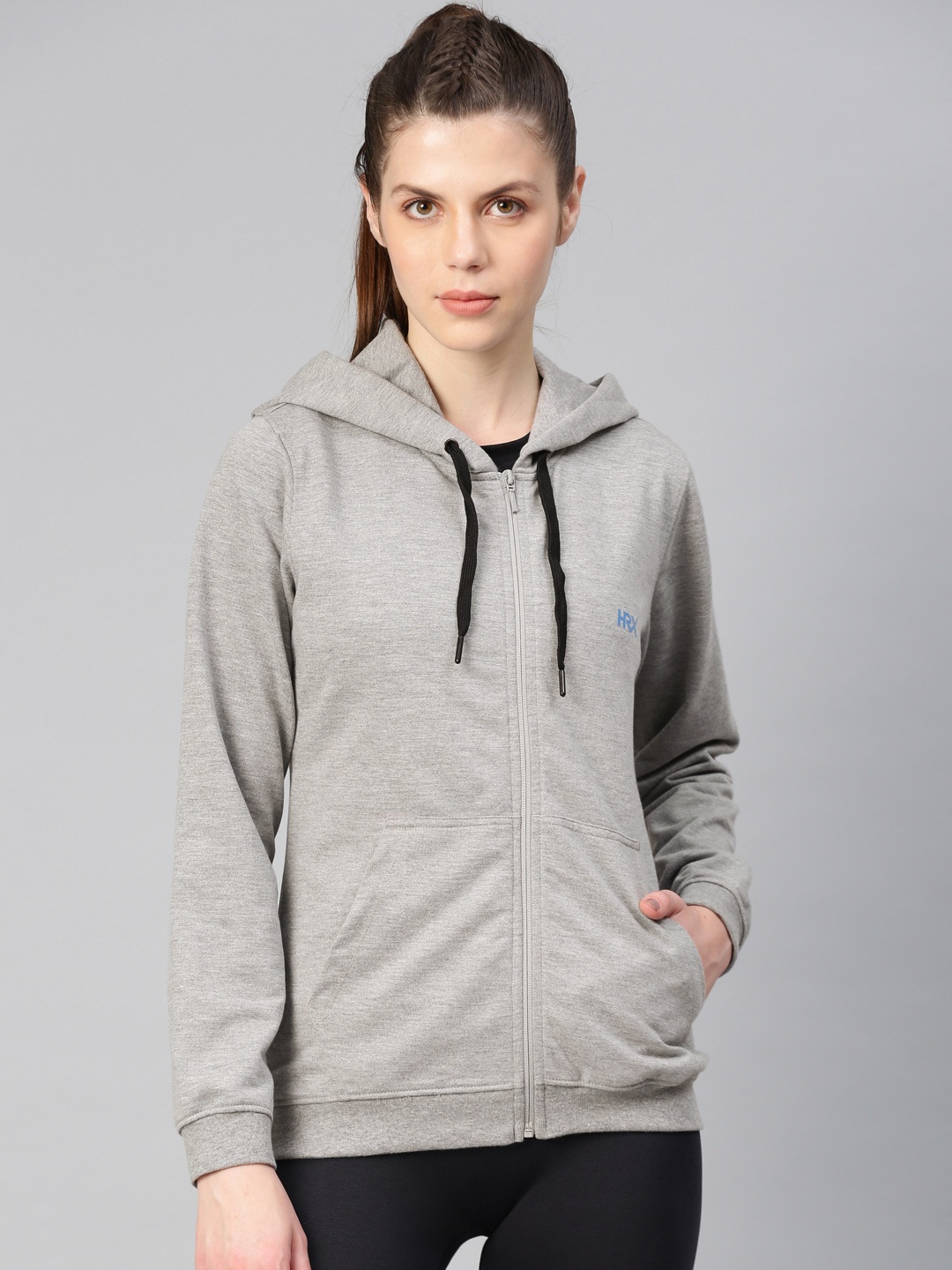 

HRX by Hrithik Roshan Women Grey Melange Solid Hooded Sweatshirt