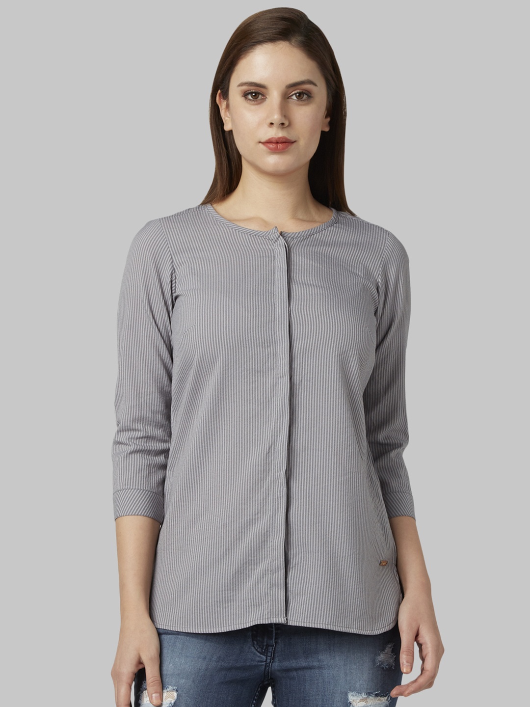 Park Avenue Women Grey Regular Fit Striped Casual Shirt
