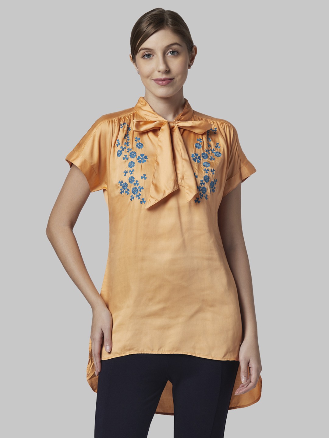 

Park Avenue Women Orange Embroidered High-Low Top