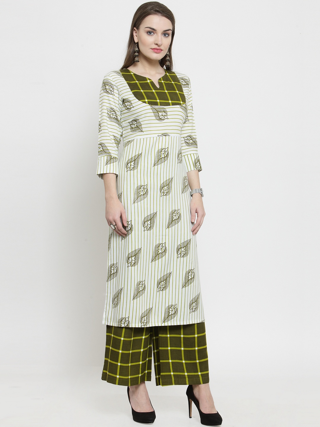 

Indibelle Women Off-White & Olive Green Printed Straight Kurta