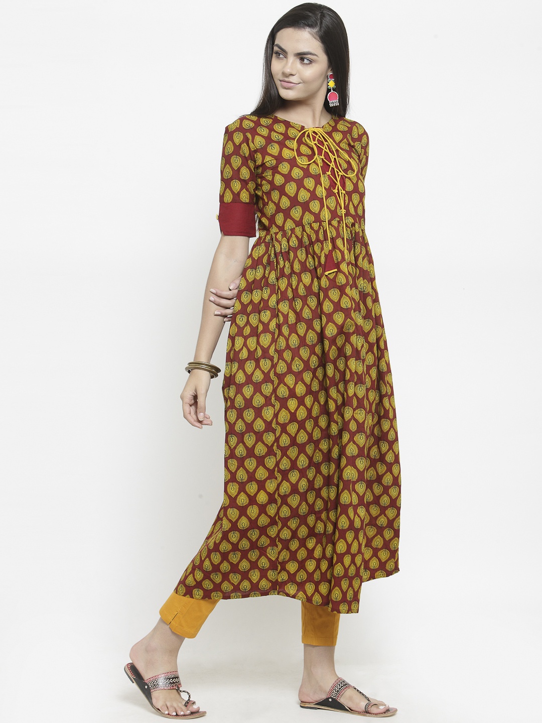 

Indibelle Women Maroon & Yellow Printed A-Line Kurta