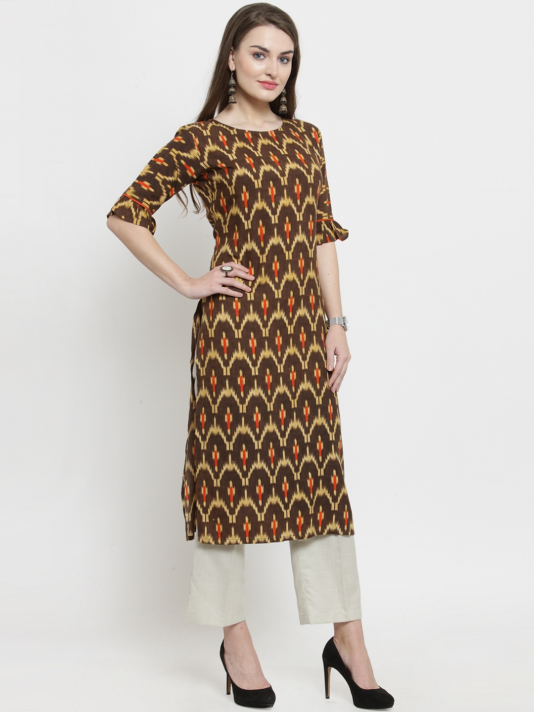 

Indibelle Women Brown Printed Straight Kurta
