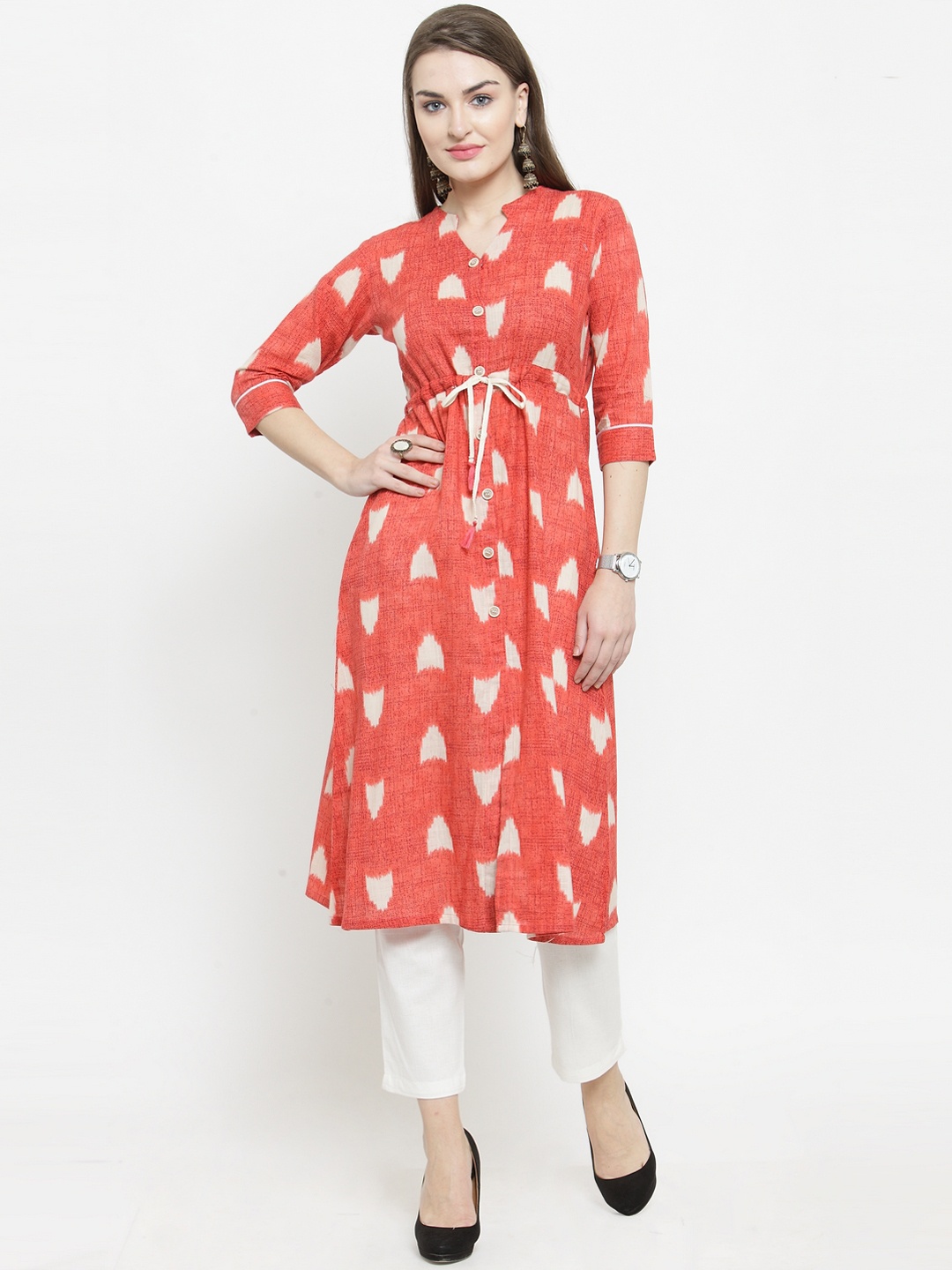 

Indibelle Women Peach-Coloured & Off-White Printed A-Line Kurta