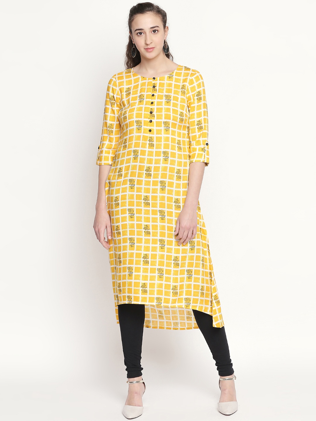 

RANGMANCH BY PANTALOONS Women Yellow Checked A-Line Kurta