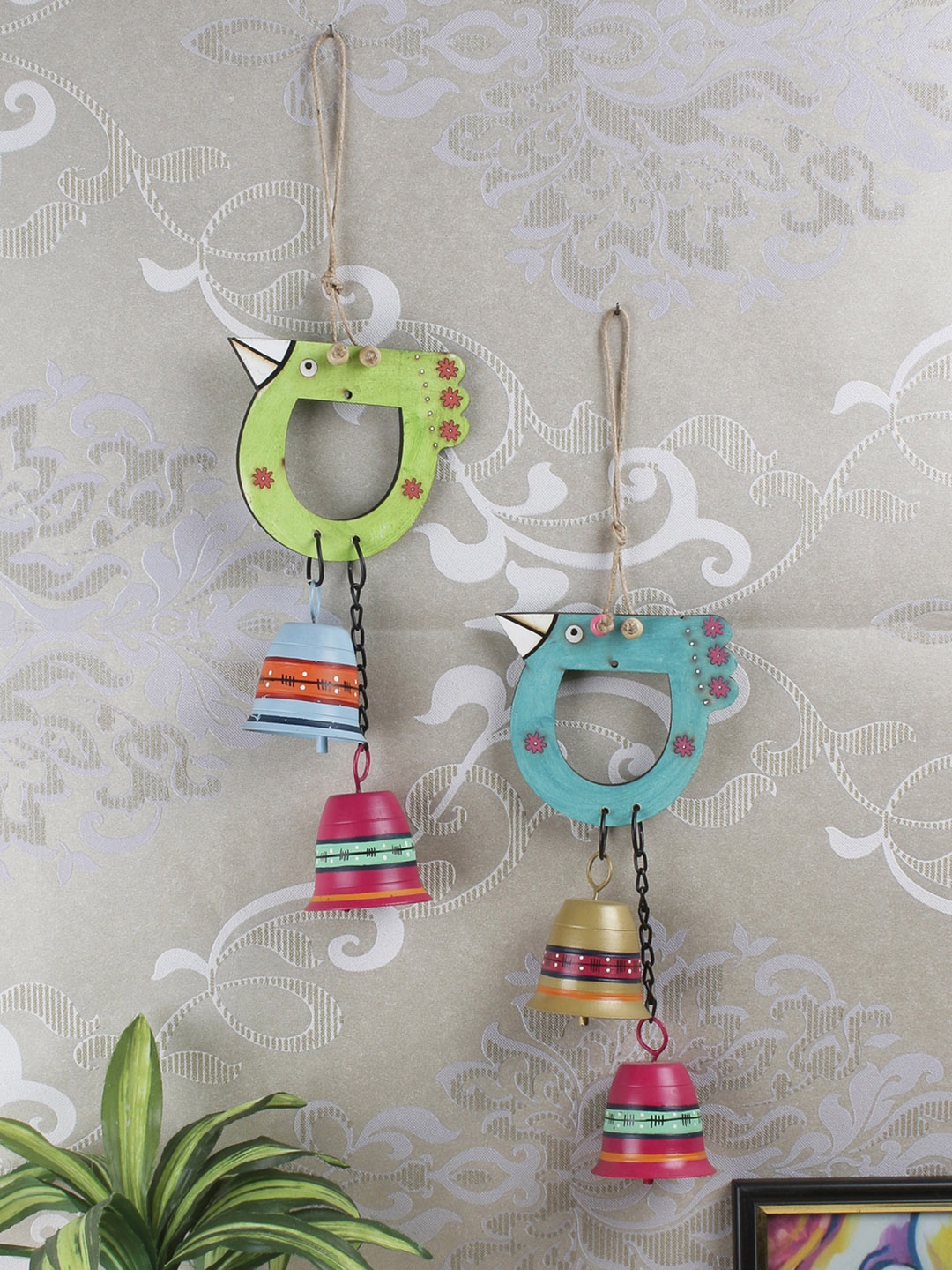 

VarEesha Set of 2 Multicoloured Bird "Tinkle Bells" Wall Decorative Bells Windchime, Multi