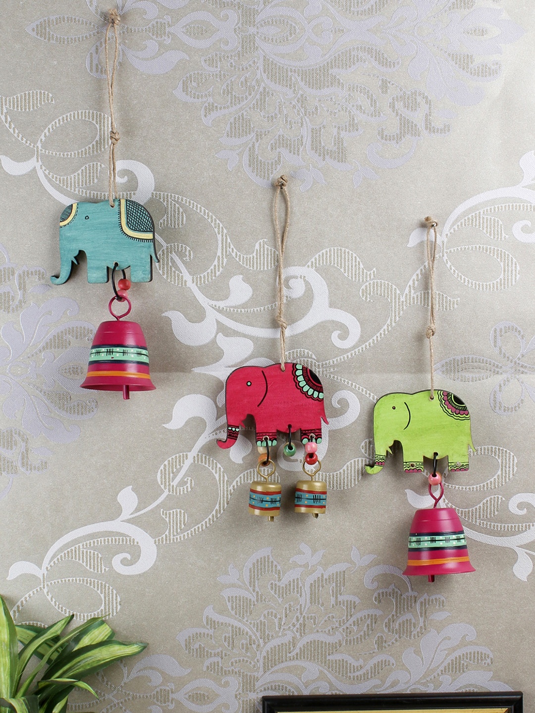 

VarEesha Set of 3 Multicoloured Elephant "Tinkle Bells" Wall Decorative Bells Windchimes, Multi