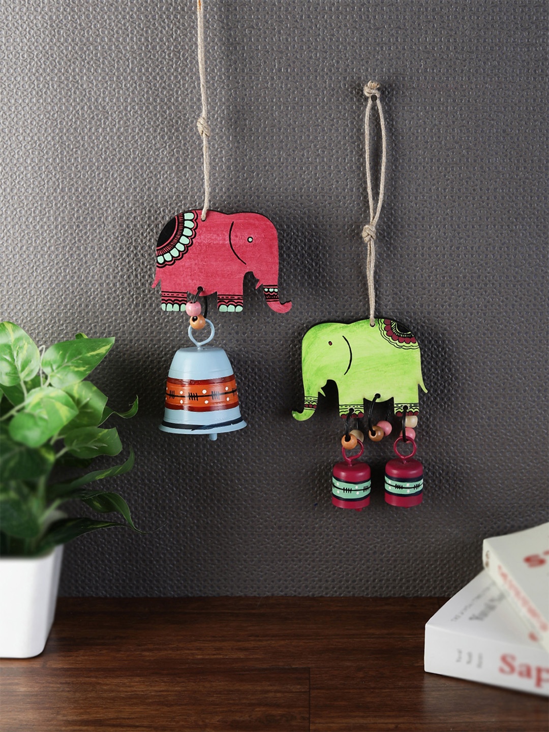 

VarEesha Set of 2 Multicoloured "Tinkle Bells" Elephant Wall Decorative Bells Windchimes, Multi