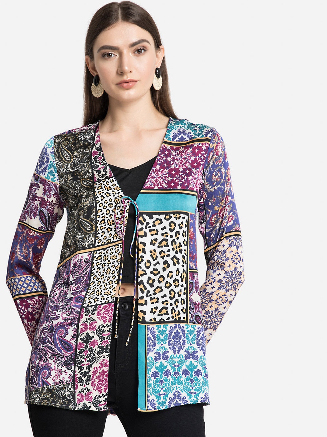 

Kazo Multicoloured Printed Tie-Up Shrug, Multi