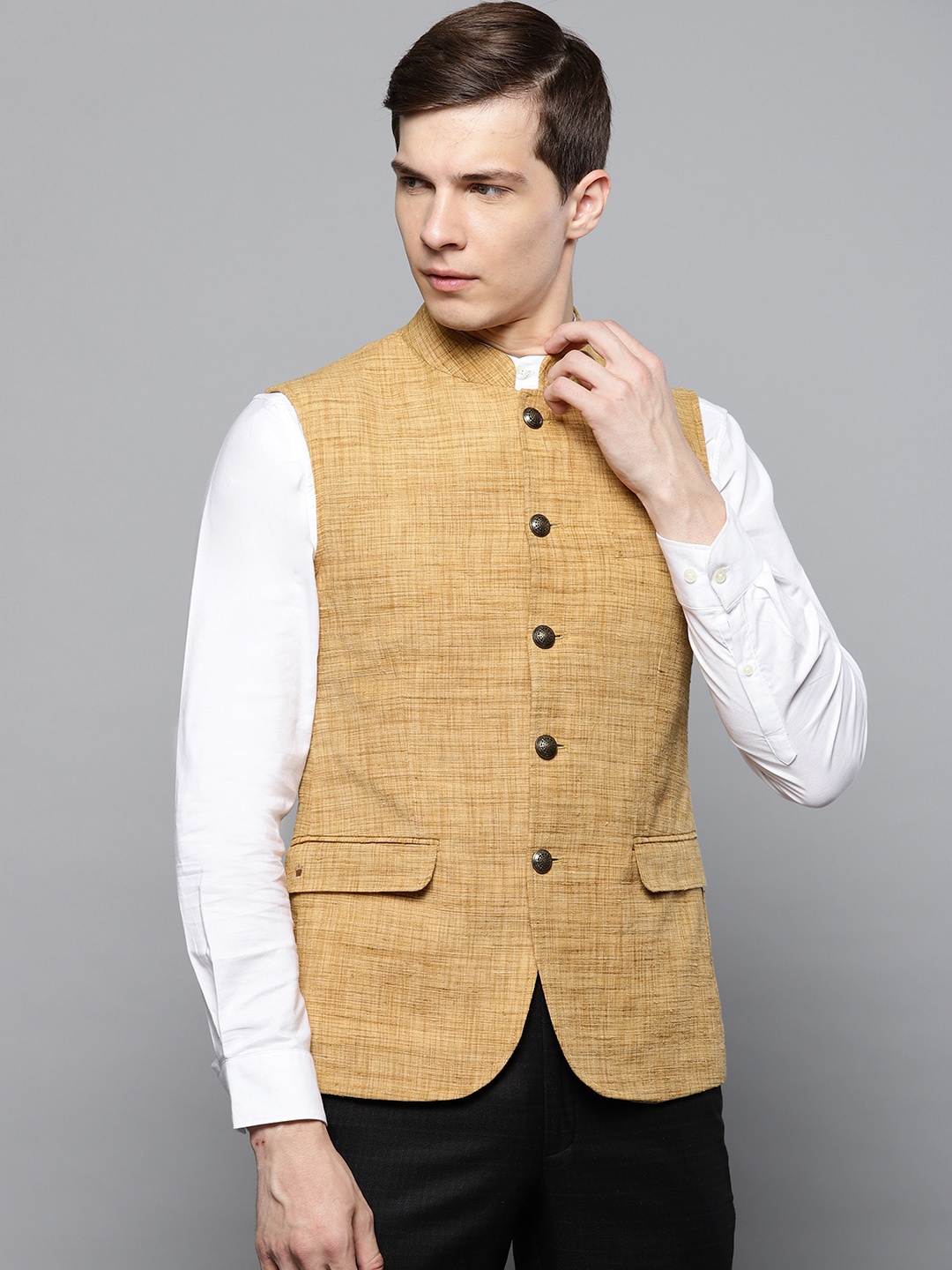 

Louis Philippe Men Mustard Yellow Slim Fit Woven Design Nehru Jacket