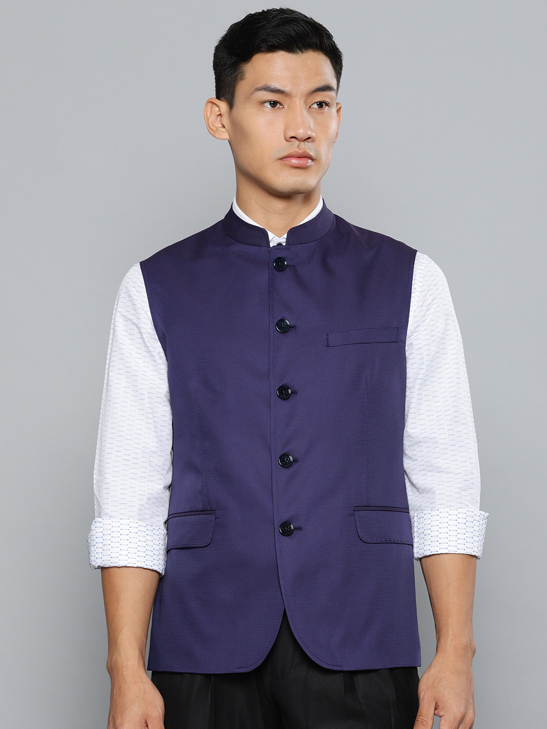 

Louis Philippe Men Blue Woven Design Slim Fit Nehru Jacket