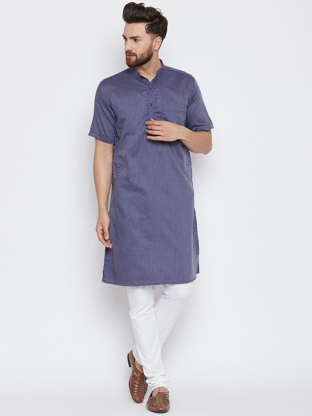 

even Men Grey Woven Design Striped Straight Kurta